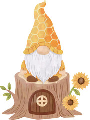 Cute Bee Gnome on Tree Stump with Sunflowers &ndash; Watercolor Illustration