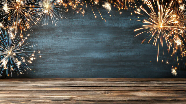 Sparkling fireworks over rustic wooden floor and dark blue wall background full of festive glow