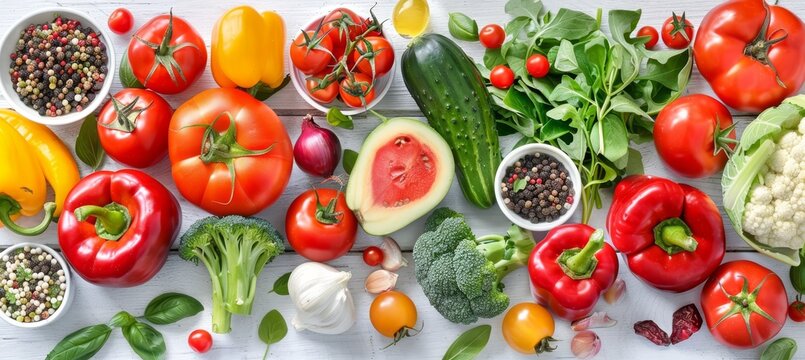 Vibrant fresh fruits and vegetables on wooden table promoting a healthy lifestyle concept
