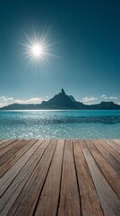 Serene Ocean Panorama: Sunlit wooden deck extends toward a tranquil ocean, framed by a striking mountain, creating a scene of peace and serenity.