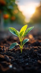 Budding Life: A tiny sprout emerges from the rich, dark soil, bathed in the soft glow of sunlight, symbolizing new beginnings, growth, and the beauty of nature's resilience.