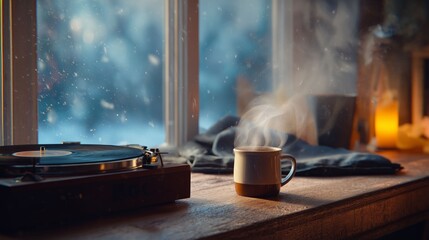 Cozy Winter Scene: A vintage turntable and a steaming mug of coffee on a wooden windowsill frame a snow-kissed, serene winter panorama, the steam from the cup curling invitingly in the cold air.