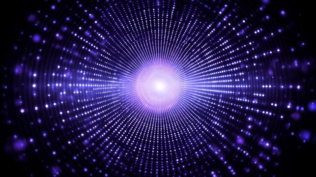 Futuristic purple tunnel with glowing dots forming a deep vortex, abstract sci-fi corridor with neon lights, immersive digital design, modern technology concept, dynamic perspective and vibrant energy