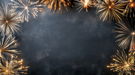 Gold fireworks frame on dark background celebrating festive night with warm glow