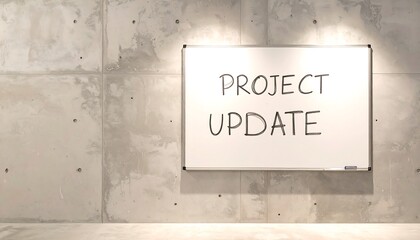 Fototapeta premium Project update on whiteboard. Indicates progress, status. Office setting with concrete wall. Useful for presentations, web, marketing.