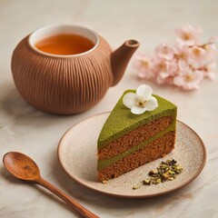 Culinary Harmony: A meticulously plated slice of matcha cake, garnished with a delicate flower, shares the frame with a steaming pot of tea, presented alongside a wooden spoon and delicate flowers.