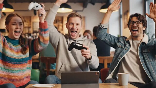 Friends laughing and playing video games on tablet at coffee shop, enjoying competitive gaming and shared fun together