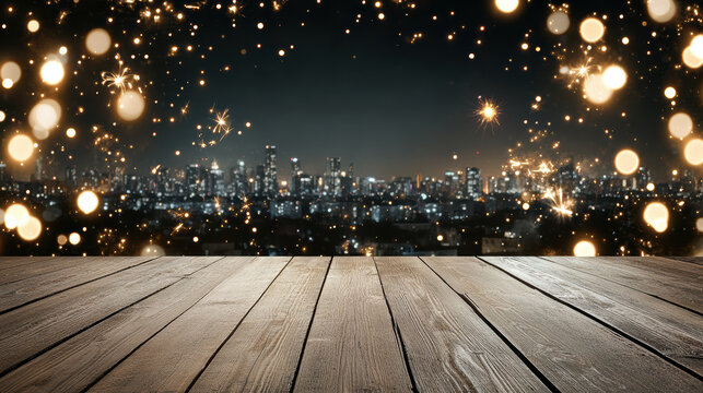 Wooden table bokeh city night skyline sparkler lights festive glow