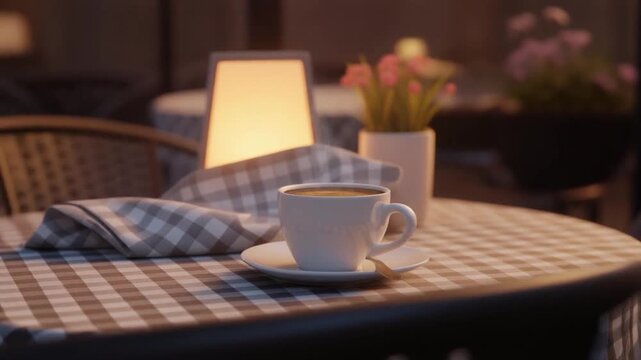 Steaming Coffee on Gingham Tablecloth with Lamp and Flowers in Outdoor Cafe Setting