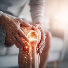 Pain in the Knee: A person, experiencing severe knee pain, visualizes a digitally enhanced image of knee joint with its bone structure highlighted, to illustrate discomfort.