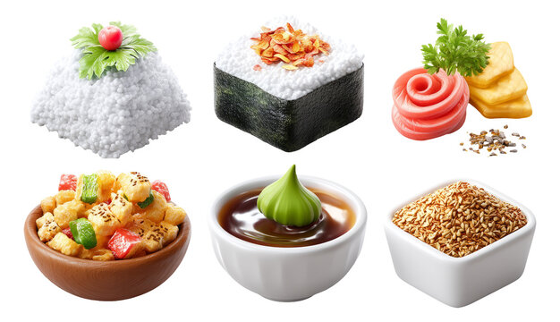 Realistic 3D Render of Sushi Prep Ingredients in Clean Sty AE Illustration