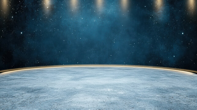 Blue stage floor with starry cosmic backdrop and warm spotlights