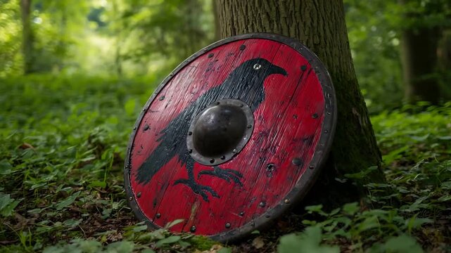 Ancient Viking Shield with Raven Symbol Leaning Against Forest Tree.