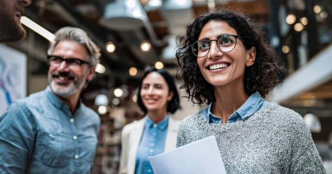 Professionals in lively work settings, exchanging ideas with genuine energy and friendly confidence, reflects a thriving business culture driven by communication and connection. - Powered by Adobe