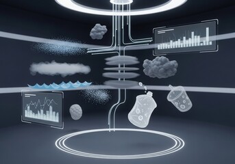 Digital data analysis interface showing weather, liquid, and particles with graphs.