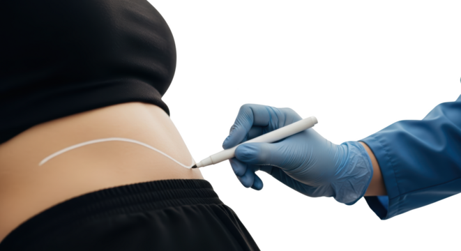 Doctor drawing surgical markings on a patient's abdomen with a marker isolate medical surgery body health