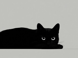 Shadowy Glance: A sleek, black cat peers out with bright eyes against a muted backdrop, evoking an air of mystery and feline charm.