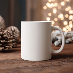 Cozy Mug Mockup: A simple yet elegant white ceramic mug sits on a rustic wooden table, adorned with festive decorations in the background, offering a serene and inviting atmosphere.