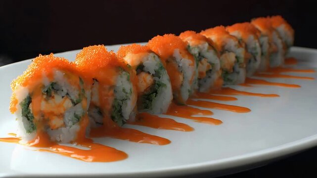 Delicious Sushi Rolls Drizzled with Creamy Orange Sauce and Roe Topping.