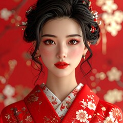 A portrait of an Asian woman in a red kimono. Her hair is adorned with accessories, and her makeup is vibrant