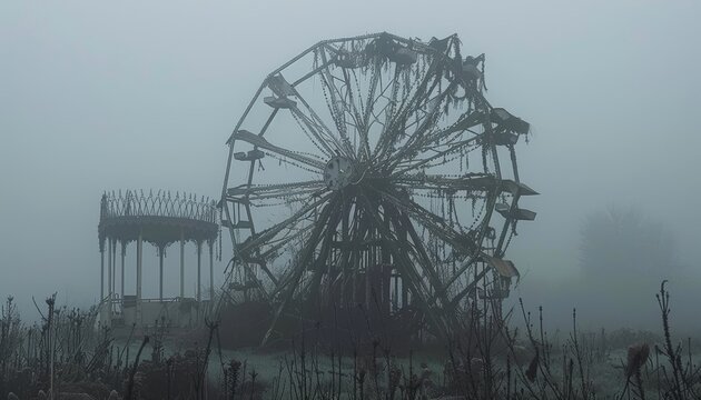 Eerie nighttime carnival  flickering lights and misty atmosphere create a haunting experience