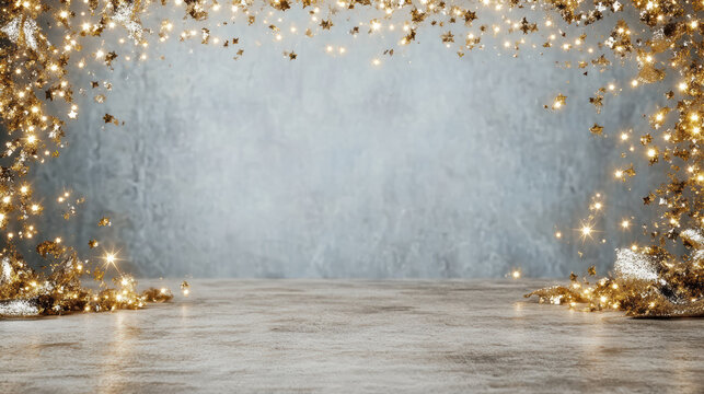 Gold glitter star border with sparkling lights and empty tabletop for festive scene