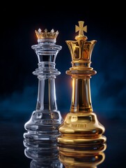 Chess Kings in the Spotlight: The king and the queen stand side by side, regal in their contrasting brilliance and symbolism, within an evocative and dramatically illuminated setting.