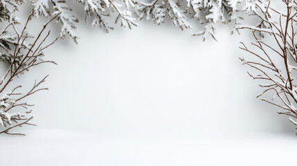 Snowy branch frame winter blank space peaceful scene with falling snow