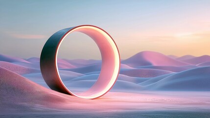 A large, dark metallic ring structure with a soft pink interior light stands prominently in a surreal desert landscape.