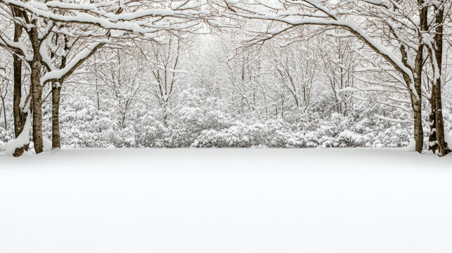 Snowy white winter forest with bare trees framing peaceful fresh snow field