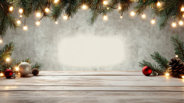 Festive wooden table with pine garland, string lights and bauble ornaments creating cozy holiday