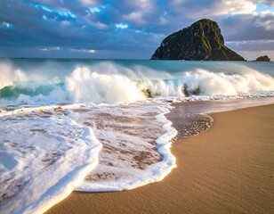 A scenic beach showcases turquoise waves crashing onto golden sand, with an island in the distance beneath a dramatic, cloudy sky