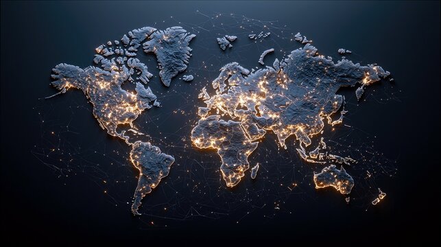 A stylized world map at night, showing illuminated cities and interconnected glowing lines, representing global networks and urban centers.