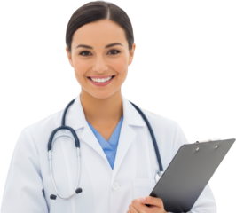 Smiling female doctor in white coat wearing stethoscope holding clipboard isolate medical healthcare