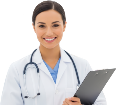 Smiling female doctor in white coat wearing stethoscope holding clipboard isolate medical healthcare