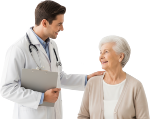 Doctor reassures elderly woman with a reassuring gesture and smiling expression isolate Physician Medical