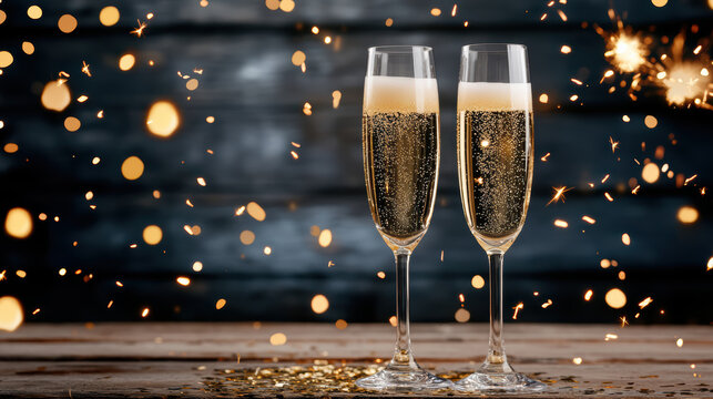 Champagne glass champagne confetti sparkler celebration two glass flute glass bubbly golden - Powered by Adobe