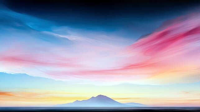 A dramatic sky filled with vibrant pink, blue, and yellow clouds stretches over a silhouette of distant mountains and a dark horizon.