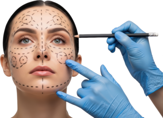 Woman's face with surgical markings and a pencil held by hands in blue gloves isolate surgery medical