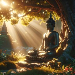 A serene image showcases a contemplative statue seated under a tree, bathed in sunlight. A distant structure adds depth to the scene