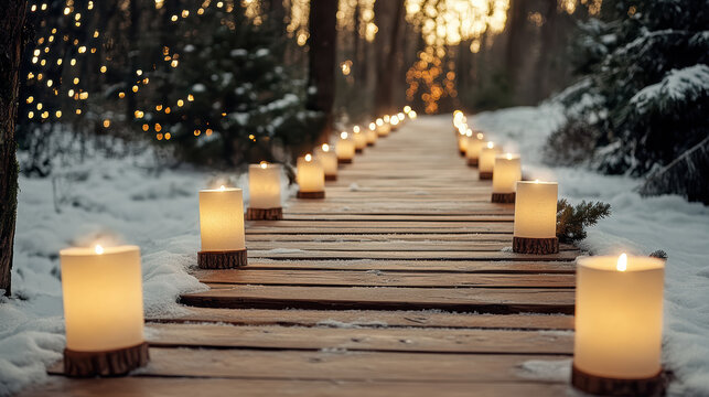 Snowy wooden path lit by glowing candles and warm fairy lights in winter forest