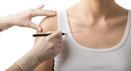 A gloved hand holds a pencil marking a line on a person's shoulder and clavicle area Medical Health Doctor transparent background