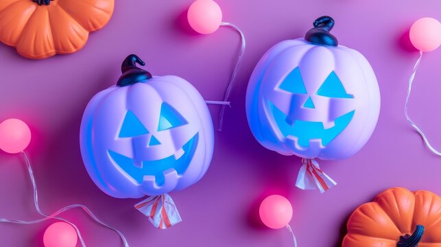 Vibrant halloween candy flat lay with neon light reflections on colorful wrappers - Powered by Adobe