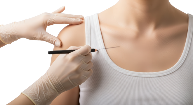 A gloved hand holds a pencil marking a line on a person's shoulder and clavicle area Medical Health Doctor transparent background