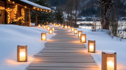 Snowy lantern lit wooden pathway at dusk with warm holiday lights and cozy atmosphere