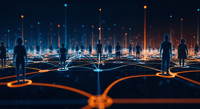 Abstract network of people silhouettes connected by glowing lines. Digital data flows between individuals in a futuristic grid. Business or social connections visualized in dark blue and orange.