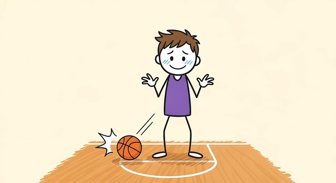Cartoon basketball player kicking the ball on the court.