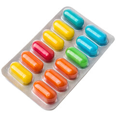 Vibrant multicolored capsules in blister pack, essential for health and wellness product imagery, medical concepts, and pharmacy promotions.