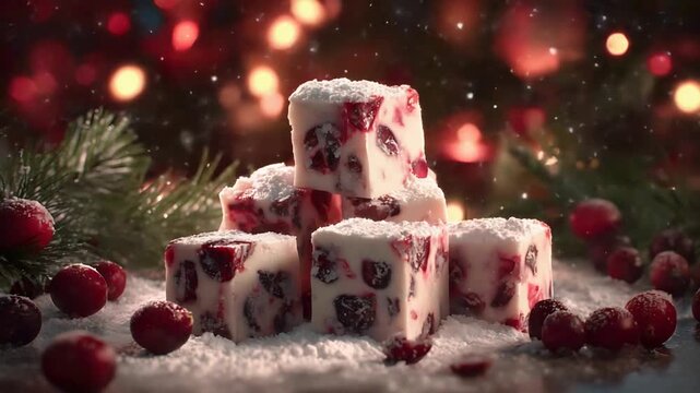 Festive Cranberry White Chocolate Fudge Stacked Amongst Snow and Pine.