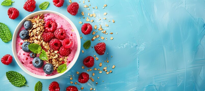 Vibrant overhead view of a healthy breakfast bowl featuring granola, berries, and yogurt